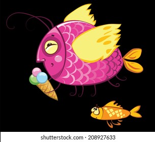 cartoon characters, icecream eating gourmand fish and hungry envy one
