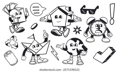 Cartoon characters include a globe, clock, house, and paper boat. Fun, playful designs with expressive faces. Cartoon globe, clock, and house bring joy. Cute cartoon elements, vector set.