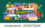 Cartoon characters with internet search bar and digital icons in memphis style. Surfing the Internet, website, online company. Search panel in the browser. Vector illustration