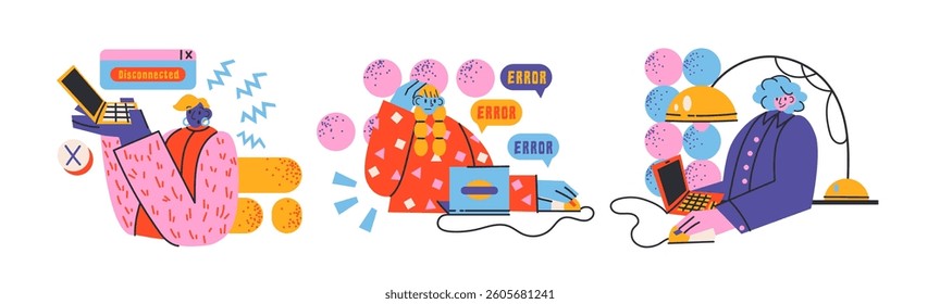 Cartoon characters with internet search bar and digital icons in memphis style. Surfing the Internet, website, online company. Search panel in the browser. Vector illustration