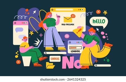 Cartoon characters with internet search bar and digital icons in memphis style. Surfing the Internet, website, online company. Search panel in the browser. Vector illustration