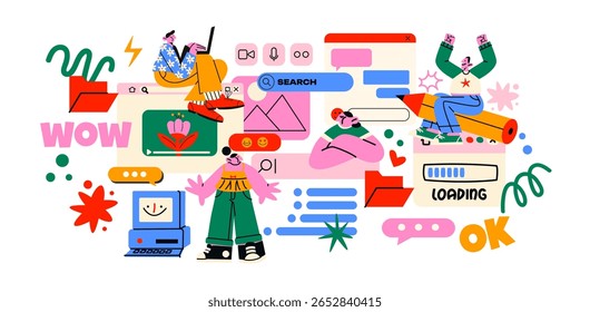 Caracteres de desenhos animados com barra de pesquisa na internet e ícones digitais em estilo memphis. Surfar na internet, website, empresa online. Painel de pesquisa no navegador. Ilustração vetorial