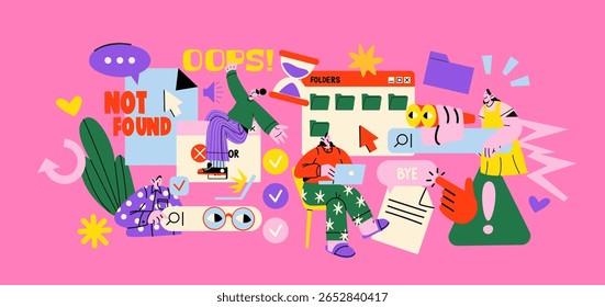 Cartoon characters with internet search bar and digital icons in memphis style. Surfing the Internet, website, online company. Search panel in the browser. Vector illustration