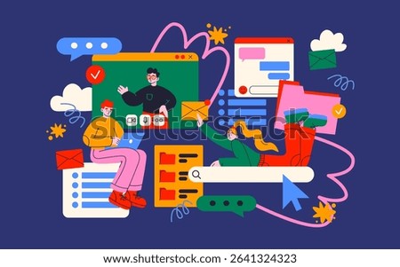 Cartoon characters with internet search bar and digital icons in memphis style. Surfing the Internet, website, online company. Search panel in the browser. Vector illustration