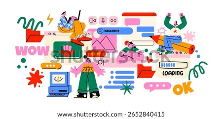 Cartoon characters with internet search bar and digital icons in memphis style. Surfing the Internet, website, online company. Search panel in the browser. Vector illustration