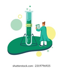 cartoon characters inventing and testing vaccines. Human clinical trials vaccination shot. Protection from pandemic outbreak. Making and giving covid 19 vaccination. Vector