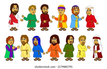 Cartoon characters of Jesus and disciples, great for children's Bible story illustrations, stickers, websites, games, posters, mobile applications, and more