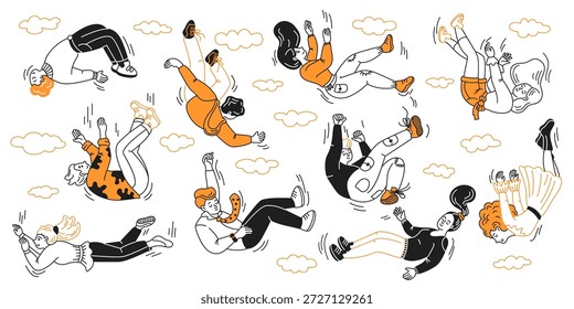 Personagens de desenhos animados caindo alegremente. Expressões divertidas. Em laranja vibrante, preto e branco contra o céu nublado. Diversão e dinâmica, representando a liberdade.