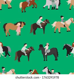Cartoon Characters Kids Riding Ponies Seamless Pattern Background Recreation Activity or Training Concept Element Flat Design Style. Vector illustration