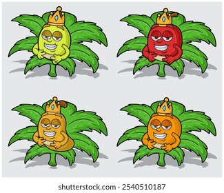 Personajes de dibujos animados de limón, manzana, mango y fruta de naranja con corona en hoja de hierba. Para el negocio de etiquetas, empaques, pegatinas y Productos. Vectores Ilustraciones.