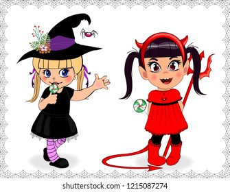 Cartoon characters of little cute baby girls in Halloween costumes framed with cobweb isolated on white background. Vector illustration, clip art for design. Trick or treat kids concept