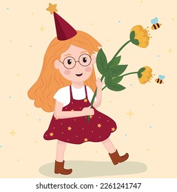 Cartoon characters a little girl with bees and flowers. Drawn in kawaii anime style. Cute illustration for gift card,  background, banner, sticker