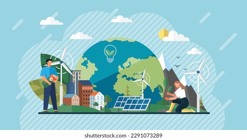 Cartoon characters living healthy lifestyle. Renewable energy and smart technology concept. Solar panels city energy charging. Power and energy sources. Modern alternative power. Ecological energy