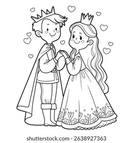 Cartoon characters in love Prince and princess standing holding hands outlined on white background