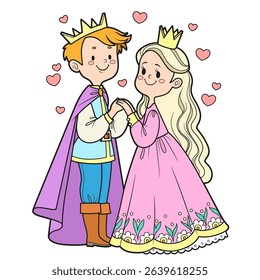 Cartoon characters in love Prince and princess standing holding hands on white background