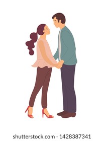 Cartoon characters male and female standing and gently hugging each other. Couple in love going to kiss, lady on high heels and guy in trousers isolated