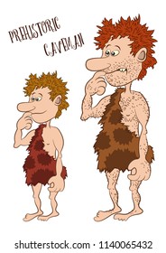 Cartoon Characters, Man and Boy, Father and Son, Prehistoric Caveman in Animal Skin, Isolated on White Background. Vector