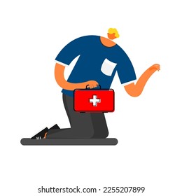 Personajes de caricatura de un hombre con kit de primeros auxilios. 