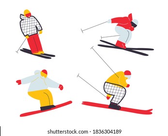 Cartoon characters man snowboarder on a snow mountain. Flat vector abstract cartoon ski and snowboard racers poster. Winter mountain sports. Freehand illustration poster. Sport life style illustration