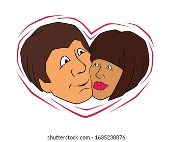 Cartoon characters of a man and a woman. Against the background of an abstract heart.
