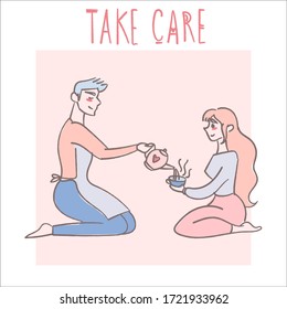 Cartoon characters. Man and woman. Lovely lovers. Couple drinking tea