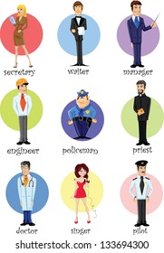 Cartoon characters manager, chef,policeman, waiter, singer, doctor and other