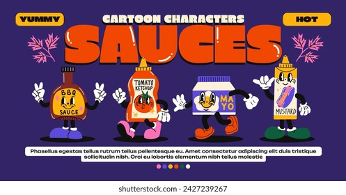 Personajes de dibujos animados salsas y aderezos mascota. Mayonesa, barbacoa, ketchup, mostaza. Vector conjunto de diseño de alimentos. Caminar diferentes botellas con las manos enguantadas. Póster retro de Groovy