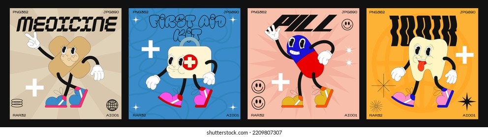 Cartoon characters medicine 90s. fashion poster. funny colorful characters in doodle style, first aid kit, plaster, pill, tooth with gloved hands. Vector groovy illustration with typography