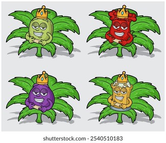Personajes de dibujos animados de melón, rosas, fruta de higo y cerveza de raíz con corona en hoja de hierba. Para el negocio de etiquetas, empaques, pegatinas y Productos. Vectores Ilustraciones.