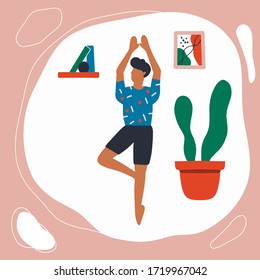 Cartoon characters men doing yoga in the home and social distancing during epidemic of corona virus, Is at home to protect ourselves from viruses.