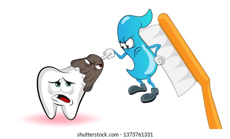 Cartoon characters. The microbe attacks the tooth, and in this moment the paste on the brush interferes with the conflict.Understandable illustration of all for what you need to brush your teeth. 