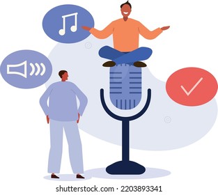 Caracteres de dibujos animados y concepto de micrófono .Audio. ilustración vectorial.