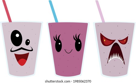 cartoon characters milkshakes with different flavors in transparent glasses with multicolored tubes on a white background