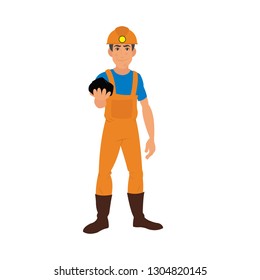 Cartoon characters miner worker, miner holds coal in his hands. Vector illustration isolated on white background ..