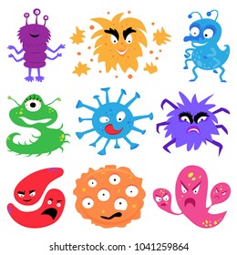 Cartoon characters of monters, bacterias, viruses, germs, microbes. Vector set of microorganisms isolated on white