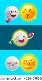Cartoon characters Moon and Sun. Harmless joke on a friend. The concept of a Total Solar Eclipse for children. Vector illustration