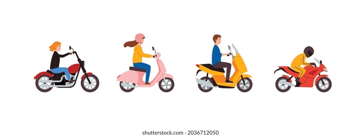 Cartoon characters motorcyclists riding on various models motorbikes. Young people using motorcycle transport for travel, trip or sport race. Flat vector isolated illustrations.