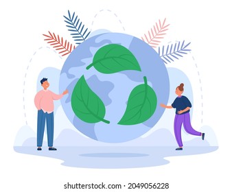 Cartoon characters next to globe with recycle symbol. Green energy, save planet, reduce carbon pollution flat vector illustration. Zero waste, ecology, recycling, eco lifestyle concept for banner