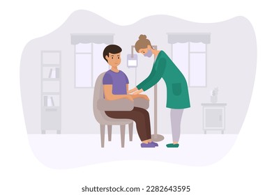 Personajes de caricatura de una enfermera preparando a un joven para una donación de sangre. Jóvenes lidiando con donación de sangre o plasma en clínica moderna. La caridad y la salud. Vector