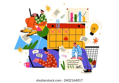 Cartoon characters office workers, financial data, analytics. Geometric shapes, online worker concept with laptop in doodle style. Business team, business activity people