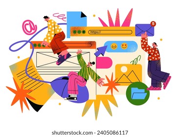 Cartoon characters office workers, financial data, analytics. Geometric shapes, online worker concept with laptop in doodle style. Business team, business activity people