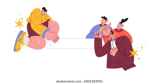 Cartoon characters office workers pointing to the search line. Surfing the Internet, website, online company. Search panel in the browser. Vector illustration