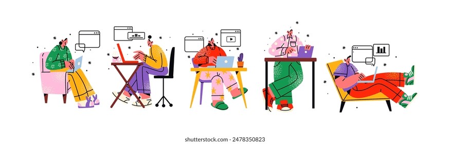 Cartoon characters office workers using a laptop. People sitting at a table with a PC computer. Mascots in the office and coworking space, vector flat illustration in retro doodle style