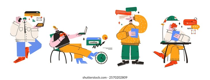 Cartoon characters office workers using a laptop. People sitting at a table with a PC computer. Mascots in the office and coworking space, vector flat illustration in retro doodle style