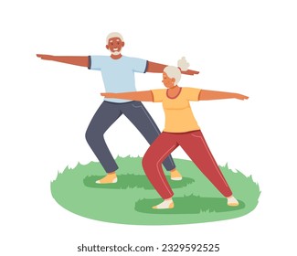 Cartoon characters of old people doing sports together outside. Regular physical activity for seniors. Happy old age. Time for fitness and retirement. Vector flat illustration