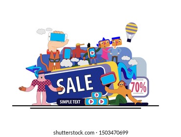 Cartoon characters on the banner for the sale of the store. Vector illustration, for web page, banner, presentation, poster.