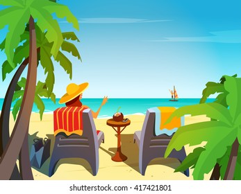 Cartoon characters on the beachside. Beautiful woman sit on sunbed, waving to man on surfboard. Summer seaside card, vacation postcard, poster, banner template. Vector flat cartoon illustration.