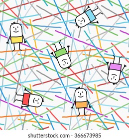 cartoon characters on graphic lines and colors seamless pattern