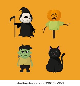 personajes de caricatura sobre el gato negro relleno de Halloween Frankenstein y la muerte con un guadaña