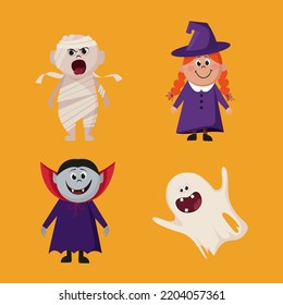 cartoon characters on halloween witch dracula mummy and ghost